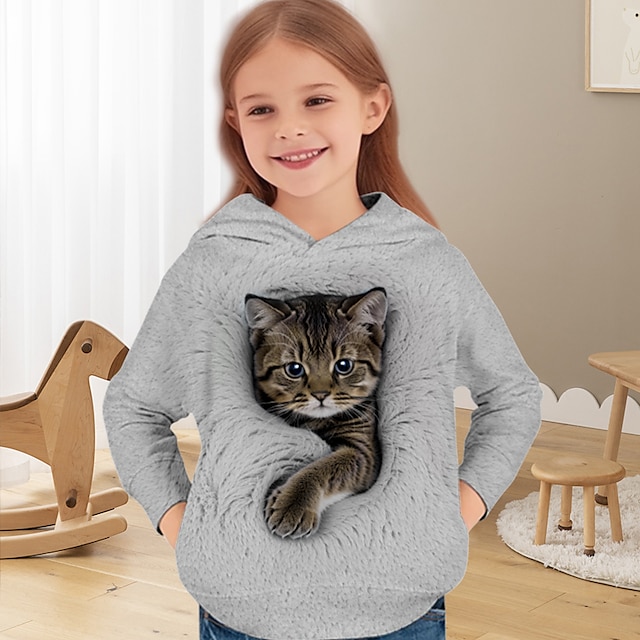  Voor meisjes 3D Kat Trui met capuchon Pullover Lange mouw 3D-afdrukken Lente Herfst Actief Modieus leuke Style Kinderen 3-12 jaar Capuchon Buiten Casual Dagelijks Normale pasvorm