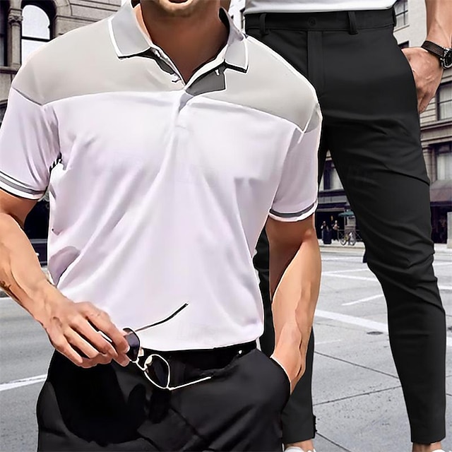  Męskie Pasujące zestawy Biały Sportowa koszulka polo Koszula golfowa polo golfowe Spodnie Typu Chino Spodnie chinosy Zestawy Krótki rękaw Klapa Urlop Codzienne Kolorowy blok 2-częściowa Poliester