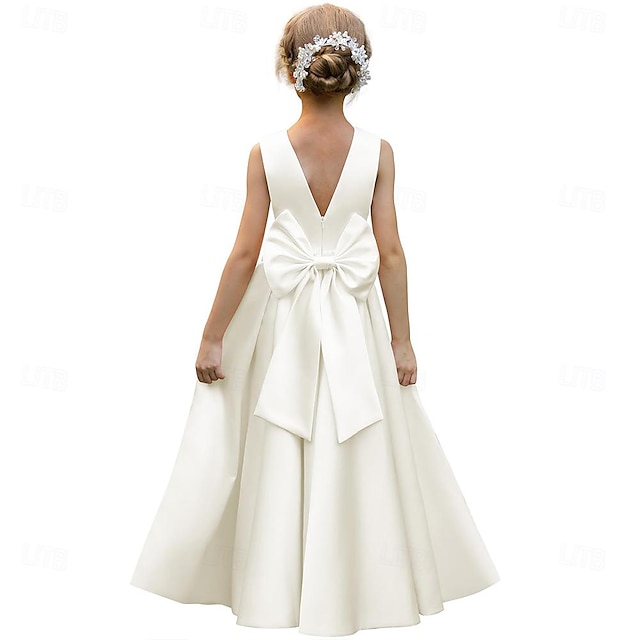  Satin-Blumenmädchenkleider für die Hochzeit, bodenlanges, rückenfreies Prinzessin-Festzugkleid mit Schleife, Perlen, Ballkleidern für Hochzeitsgäste