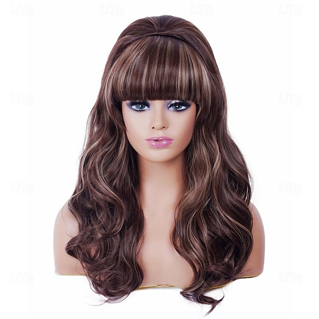  Long Brown Mixed Wig with Bang Retro Bouffant Beehive Wigs fits 80s Costume or Halloween Party