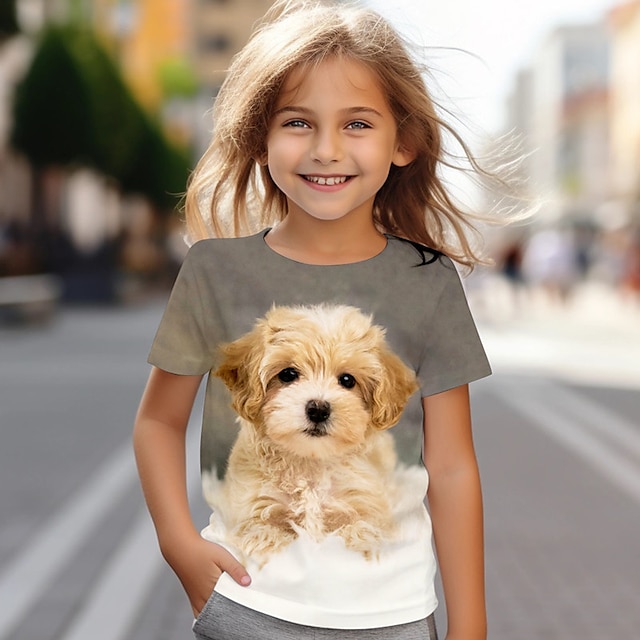  Jente 3D Hund T-skjorte Skjorte Kortermet 3D-utskrift Sommer Aktiv Mote søt stil Polyester Barn 3-12 år Crew-hals utendørs Avslappet Daglig Normal