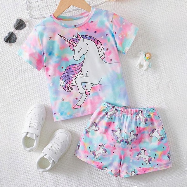  Girls' 3D Unicorn Tee & Shorts Pajama Set Pink Short Sleeve 3D Print Summer Active Fashion Cute Polyester Kids 3-12 Years Crew Neck Home Causal Indoor Regular Fit