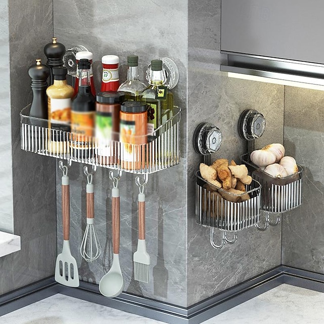  1PCS Kitchen And Bathroom Suction Cup Storage Rack Non Perforated Wall Mounted Storage Rack Washbasin Toothbrush Toothpaste Cosmetics Storage Basket