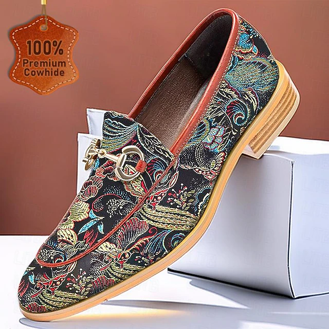 Men's Loafers Floral Embroidered Leather Chain 13