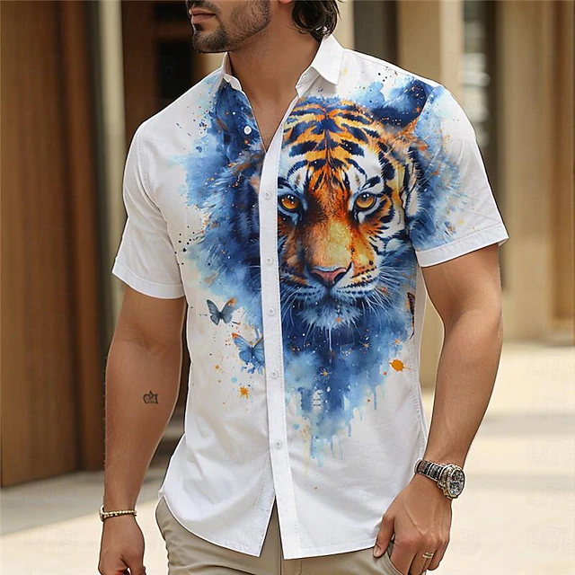 Men's Tiger Button Up Shirt Short Sleeve Vacation Hawaiian Resort Style Outdoor Casual Daily Summer All Seasons Button Up 3D Print Yellow Blue Green 8