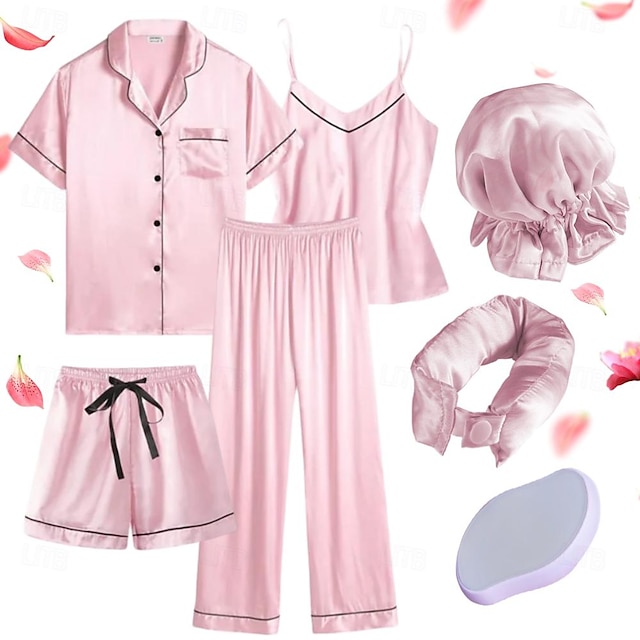  5-teiliges Bademantel-Pyjama-Komfortset für Erwachsene, Pyjama-Nachtwäsche mit Seidenstirnband, Haarpflege, Anti-Frizz& Haarentfernungswerkzeug, Pyjama aus Eisseide