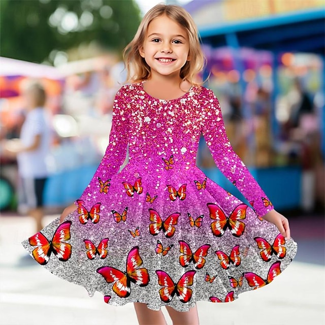  Carnival Girls' 3D Butterfly Dress Pink Long Sleeve 3D Print Spring Fall Sports & Outdoor Daily Holiday Cute Casual Beautiful Kids 3-12 Years Casual Dress A Line Dress Above Knee Polyester Regular Fit