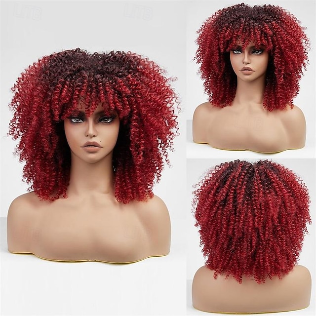  黒人女性用レッドカーリーウィッグ 前髪付きレッドキンキーカーリーウィッグ 日常使用用14インチ合成アフロカーリーウィッグ