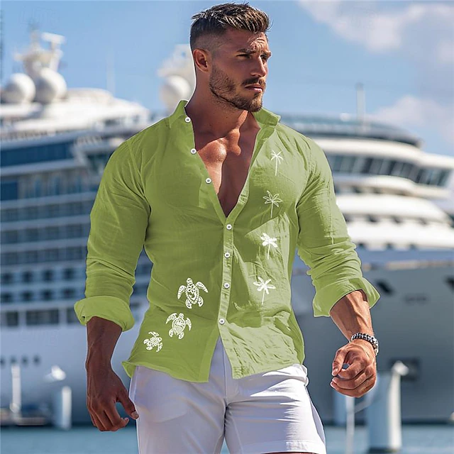Men's Tropical Palm Tree Turtle Summer Hawaiian Shirt Aloha Shirt Printed Shirts Long Sleeve Shirt Turndown Hawaiian Resort Vacation Going out Beach Black White Green S M L 8