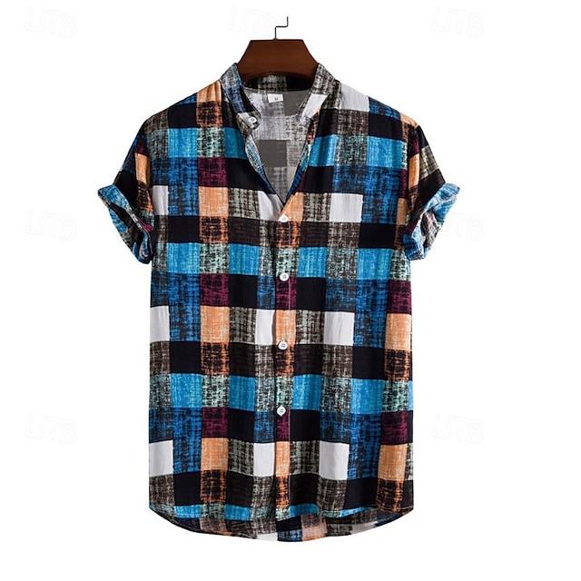  Men's Button Up Shirt Casual Shirt Summer Shirt Blue Red & White Purple Green Short Sleeve Plaid Color Block Button Down Collar Hawaiian Holiday Patchwork Clothing Apparel Fashion Casual Comfortable