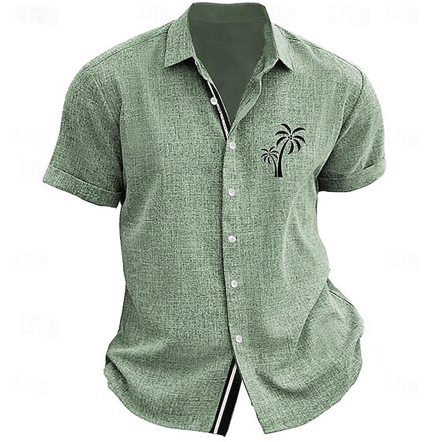  Palmeira Business casual Homens Camisetas impressas Rua Vestir para trabalhar Férias Verão Aberto para a Lateral Manga Curta Azul, Verde, Cinzento S, M, L Poliéster Camisa