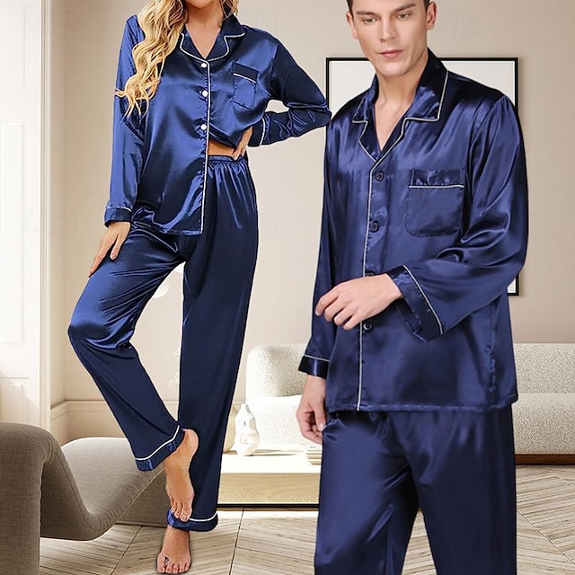  Couple's Loungewear Sleepwear Solid Color Pure Color Home Bed Luxury Long Sleeve Blue cord Summer Spring