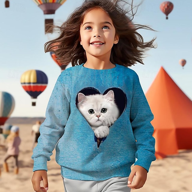  Girls' 3D Cat Sweatshirt Pullover Pink Long Sleeve 3D Print Spring Fall Fashion Streetwear Adorable Polyester Kids 3-12 Years Crew Neck Outdoor Casual Daily Regular Fit