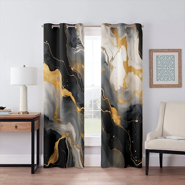  2 Panels Marble Pattern Curtain Drapes 100% Blackout Curtain For Living Room Bedroom Kitchen Window Treatments Thermal Insulated Room Darkening