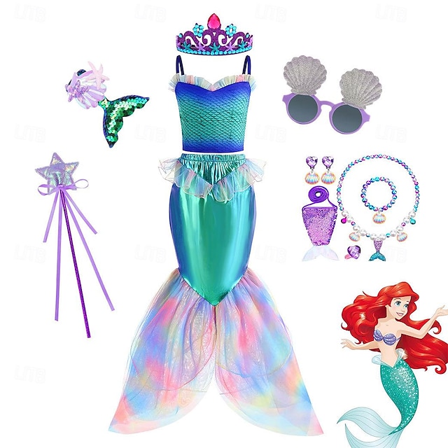  Lilla sjöjungfrun Prinsessa Ariel Cosplay-kostym Kläder Flickor Film-cosplay Cosplay Topp+kjol (utan tillbehör) Topp+kjol (med tillbehör) Halloween Maskerad Topp Sjöjungfrustjärt