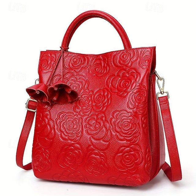  Damen-Einkaufstasche, PU-Leder, für den täglichen Einkauf zum Valentinstag, Blume, verstellbar, großes Fassungsvermögen, langlebig, einfarbig, Schwarz, Rot, Hellblau
