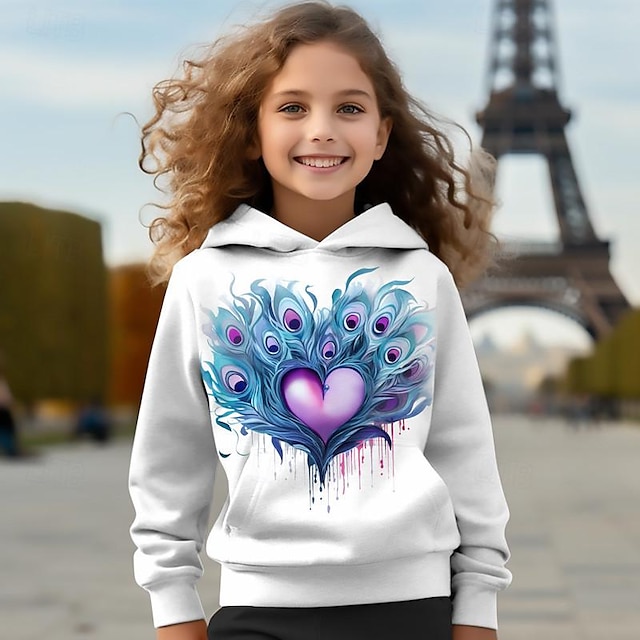  walentynki dla dziewczynek 3d serce pióra bluza z kapturem sweter z długim rękawem nadruk 3D wiosna jesień aktywny moda śliczne poliester dzieci 3-12 lat z kapturem na zewnątrz na co dzień codzienny