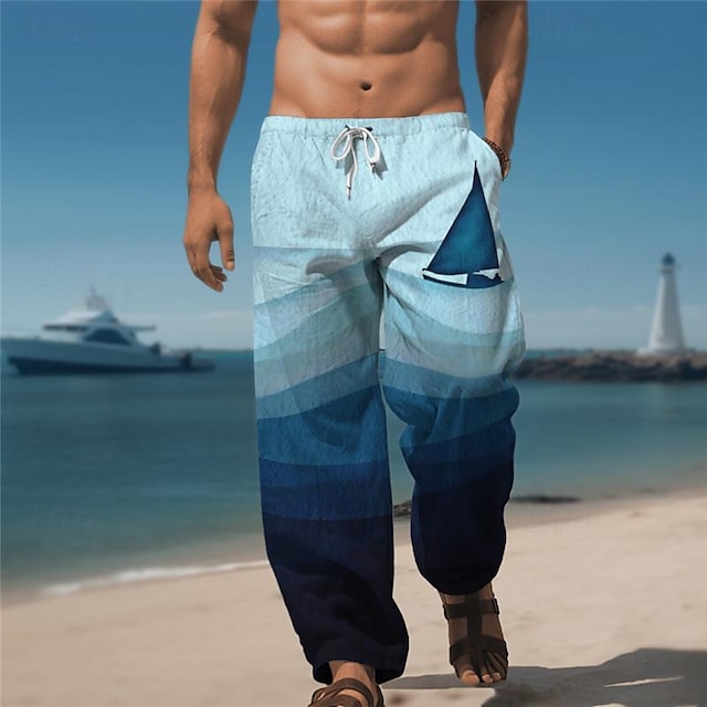  Gradual Sailboat Men's Resort 3D Printed Casual Pants Trousers Elastic Waist Drawstring Loose Fit Straight-Leg Summer Beach Pants S TO 3XL