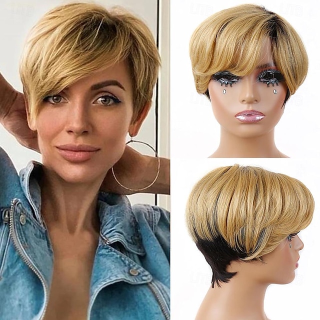  Short Human Hair Pixie Cut Wigs Ombre 1b/27 Pixie Wigs for Black Women Brazilian Straight Hair Wig with Bangs