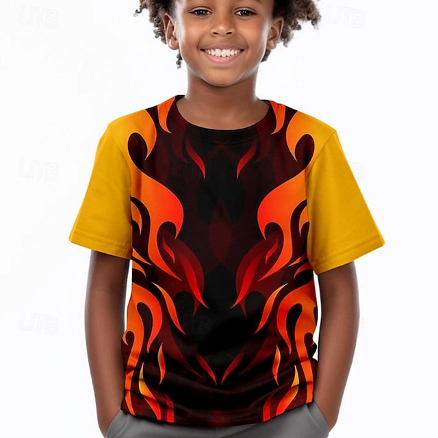  Gutt 3D Brann T-skjorte Skjorte Kortermet 3D-utskrift Sommer Aktiv Sport Mote Polyester Barn 3-12 år Crew-hals utendørs Avslappet Daglig Normal