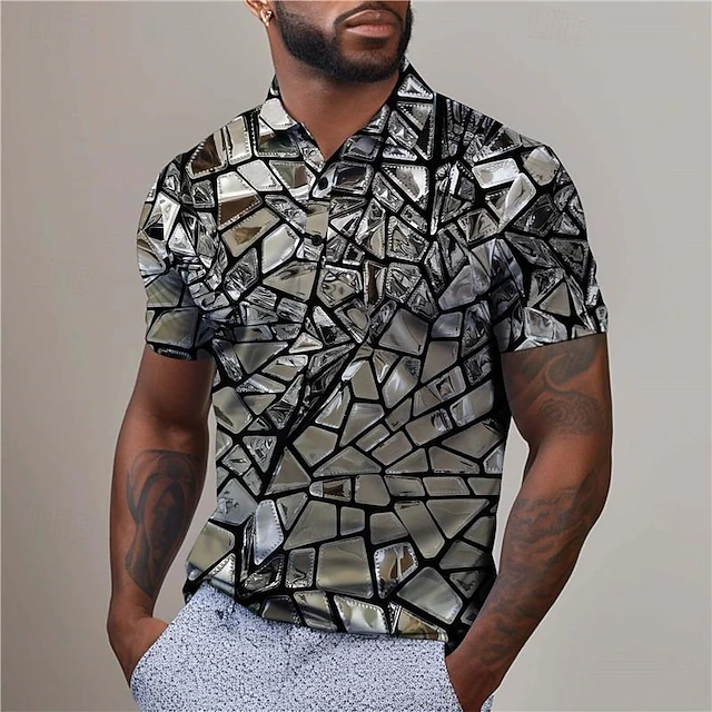 Men's Graphic Golf Shirt Short Sleeve Polo Shirts Collared Shirts Casual Vacation Wear Rave Wear Party Outfits Buttons 3D Print Summer Silver Yellow Red 8