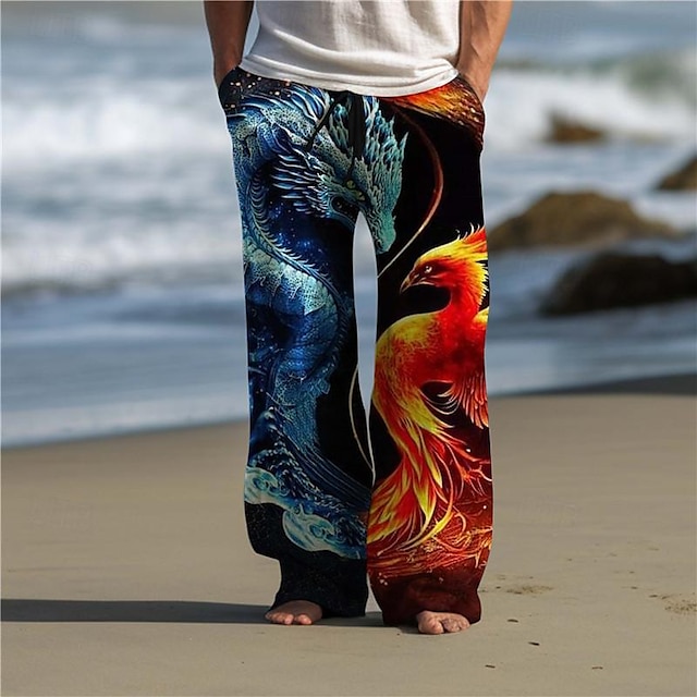  Dragon Phoenix Abstract Men's 3D Printed Casual Pants Trousers Elastic Waist Drawstring Loose Fit Straight-Leg Summer Beach Pants S TO 3XL