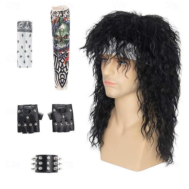  Herren 80er Jahre Vokuhila Perücke schwarze lockige Perücke Punk Rocker Perücke Party Cosplay Haar mit Accessoires