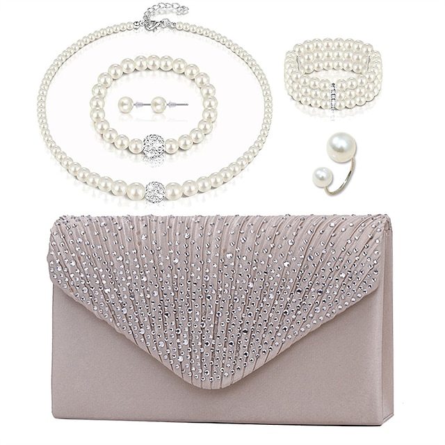  Braut Perlenarmband Halskette Ohrring Ring Handtasche Schmuckset mit 6 Diamanten für Damen