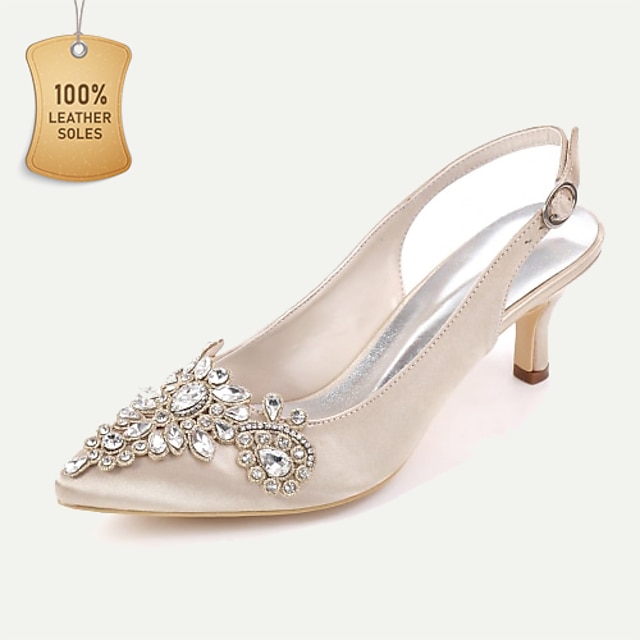  Women's Wedding Shoes Pumps Bling Bling Slingback Bridal Shoes Rhinestone Kitten Heel Pointed Toe Elegant Satin Buckle White Ivory Silver