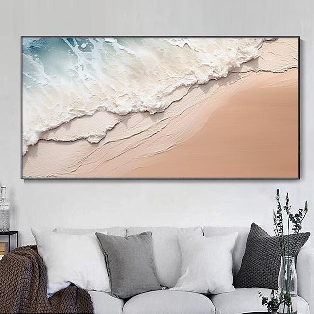  Pintado a mano minimalista pintura del océano sobre lienzo arte de la pared con textura 3d tono tierra olas del mar arte de la pared pintura de la sala decoración de la habitación de moda sin marco