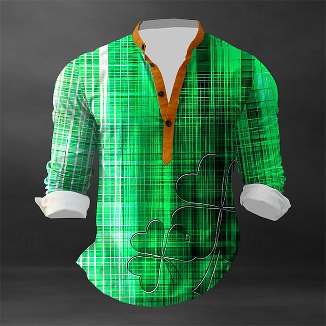  st.patrick's day πράσινο καρό τριφύλλι ανδρικό casual 3d printed πουκάμισο henley καθημερινή χρήση διακοπών για εξόδου γιακά άνοιξη & φθινόπωρο με μακρύ μανίκι μπλε, πορτοκαλί, πράσινο s, m, l