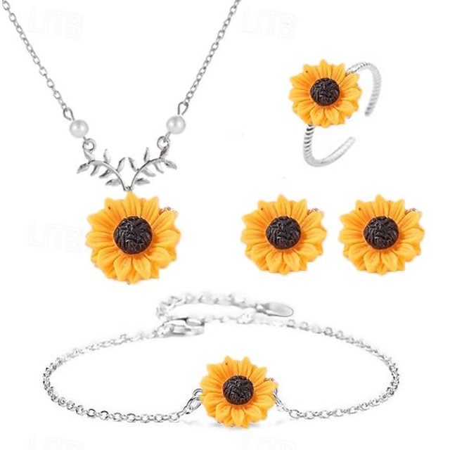 Jewelry Creative Sunflower Necklace Sunflower Earrings Ring Flower Bracelet Four Piece Set