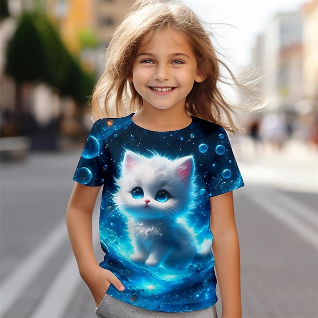  Girls' 3D Cat Tee Shirts Short Sleeve 3D Print Summer Active Fashion Cute Polyester Kids 3-12 Years Crew Neck Outdoor Casual Daily Regular Fit
