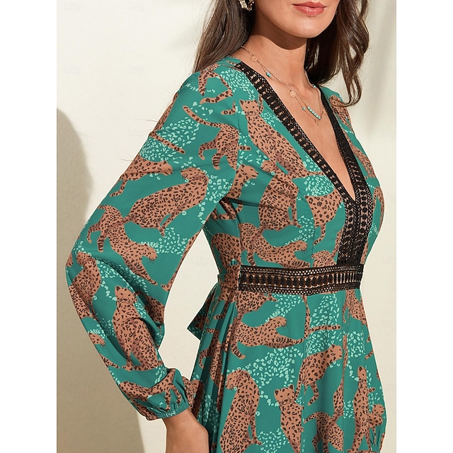 Elegant Leopard Print Lace Trim V Neck Maxi Dress, Elegant Dresses for ...