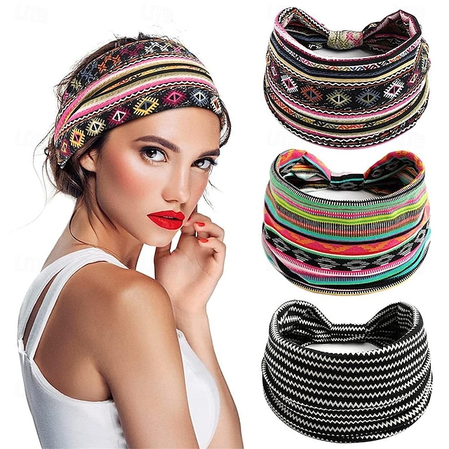  3 st breda boho-pannband för kvinnor och tjejer, elastisk turban-huvudinpackning halkfria hårband för sportyoga och löparpannband 3-pack