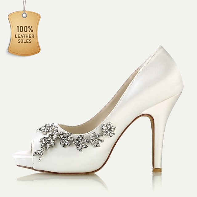  Mujer Zapatos de boda Lentejuelas cristal brillo Zapatos de novia Pedrería Tacón alto Punta abierta Clásico Satén Negro Blanco Marfil