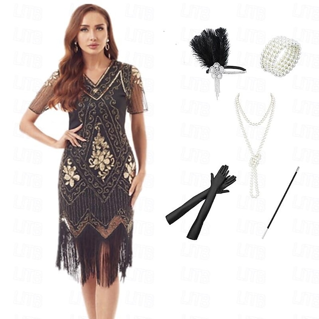  Roaring 20s 1920s Cocktail Dress Vintage Dress Flapper Dress Cocktail Dress Accesories Set Christmas Party Dress The Great Gatsby Women's Sequins Tassel Fringe Masquerade Party / Evening Prom Dress