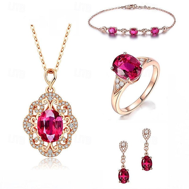  røde krystal ædelsten armbånd til kvinder køb tre få en gratis luksus europæisk og amerikansk stil rosa guld halskæde ring sæt