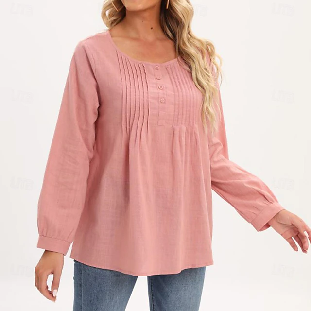 Linen Shirt Long Cotton Top White Cotton Top White Cotton Blouse Women's White Yellow Pink Solid Color Buttons Street Daily Fashion Shirt Collar Cotton Linen Regular Fit M 12