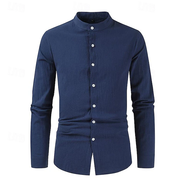 Men's Linen Shirt Cotton Linen Shirt Summer Shirt Casual Shirt Beach Shirt Button Up Shirt Plain Vacation Hawaiian Black White Navy Blue Green Long Sleeve Grandad Collar Spring & Fall Clothing 9
