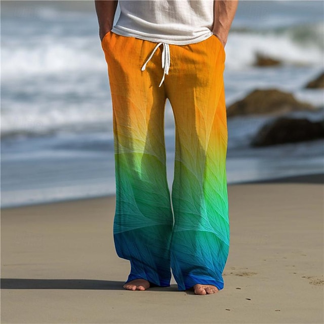  fargegradient herre resort 3d-trykt fritidsbukse bukse elastisk midje snøring løs passform sommerstrandbukser med rett ben s til 3xl