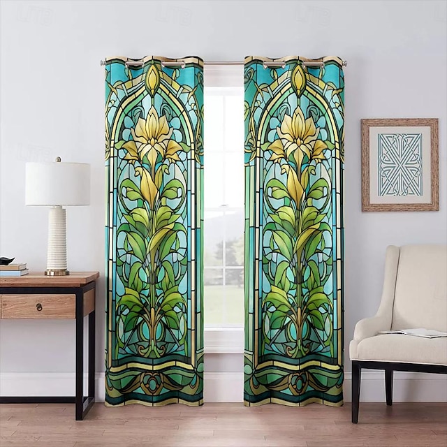  2 Panels 100% Blackout Curtain Stained Glass Pattern Curtain Drapes For Living Room Bedroom Kitchen Window Treatments Thermal Insulated Room Darkening