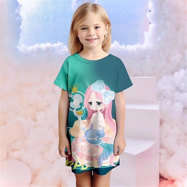  Girls' 3D Mermaid Princess Pajamas Nightdress Short Sleeve 3D Print Summer Active Fashion Cute Polyester Kids 3-12 Years Crew Neck Home Causal Indoor Regular Fit
