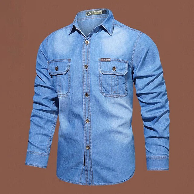 Men's Shirt Casual Shirt Jeans Shirt Denim Shirt Blue Dark Blue Long Sleeve Plain Turndown Street Daily Front Pocket Clothing Apparel Fashion Casual Comfortable 5