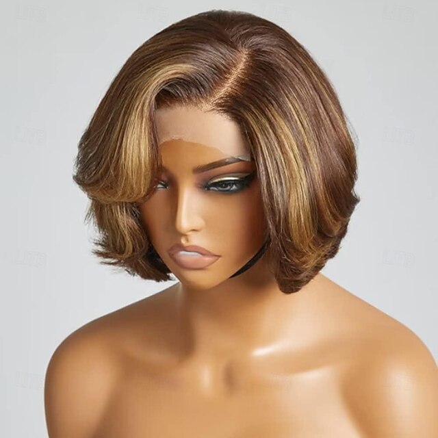  Highlight Bob Wig Human Hair Wave Brown Mix Blonde Short Bob Wig Pre Plucked HD Transparent Lace Front Wig Body Wave Ombre Color Bob Wig For Black Women 150% Density