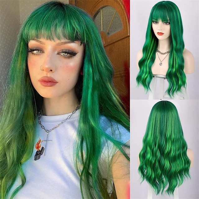  Green Wig with Bangs Long Wavy Green Wigs for Women Heat Resistant Wavy Wig for Daily Party Use St.Patrick's Day Wigs