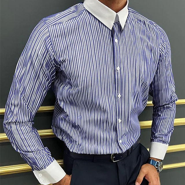  Per uomo Camicie Camicia abbottonata Camicia con colletto Camicie con polsini alla francese Nero Blu Manica lunga A strisce Collo ripiegabile Quattro stagioni Matrimonio Ufficio Abbigliamento Bottone