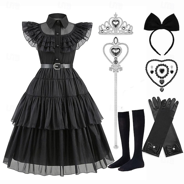  Miércoles Addams familia addams miércoles Vestidos Traje de cosplay Accesorios Chica Cosplay de película Punk y gótico Negro 4 Negro 1 Negro 3 Víspera de Todos los Santos Mascarada Vestido Guantes