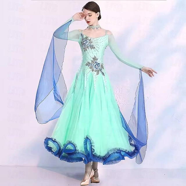  Ballroom Dance Dress Embroidery Splicing Crystals / Rhinestones Women's Performance Party Long Sleeve Mesh Spandex Organza