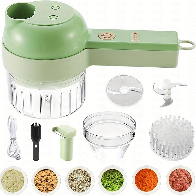  Hachoir à légumes électrique portatif 4 en 1, ensemble de coupe-légumes, presse-ail portable sans fil, presse-ail et boue & Ensemble de trancheuses, mini robot culinaire électrique multifonctionnel